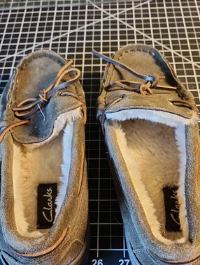 Clarks Olive Suede Moccasin Slippers with Cream Lining